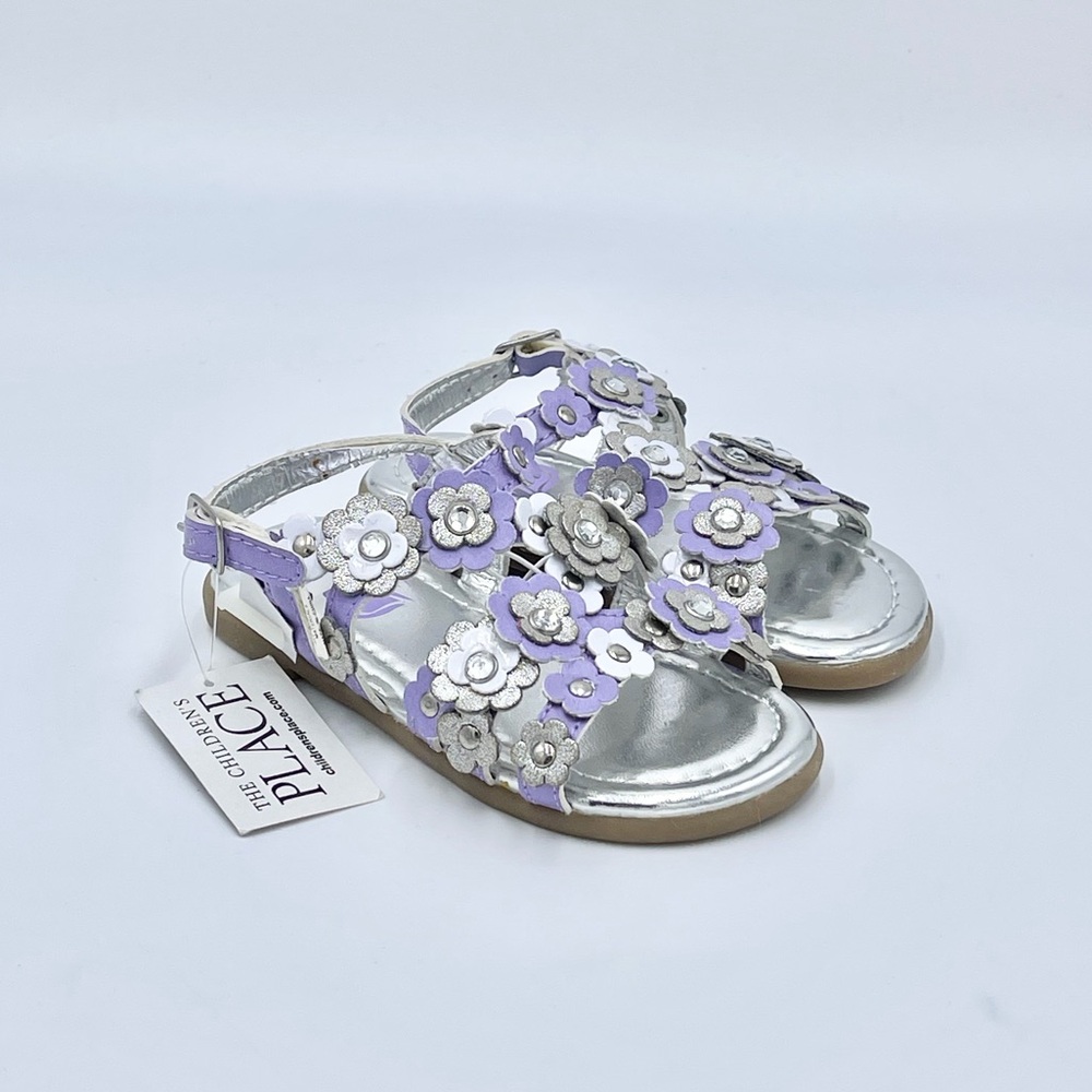 NEW The Children’s Place Floral Silver Strap Faux Leather Sandals Toddler size 6